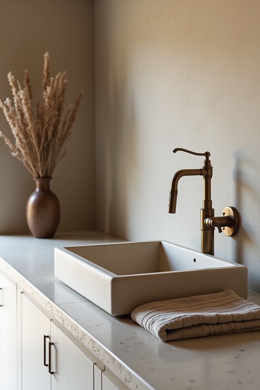 timeless luxury kitchen sink area ideas — sculptural stone basin featuring freestanding sculptural stone rinse basin with dramatic veining