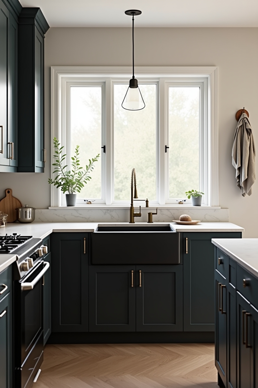 timeless luxury kitchen sink area ideas — matte black apron-front sink featuring matte black apron-front sink paired with vintage brass bridge faucet
