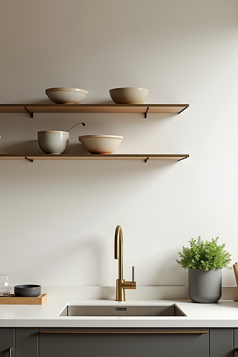 timeless luxury kitchen sink area ideas — brass-rimmed glass shelf featuring thin brass-rimmed glass shelf mounted above the sink