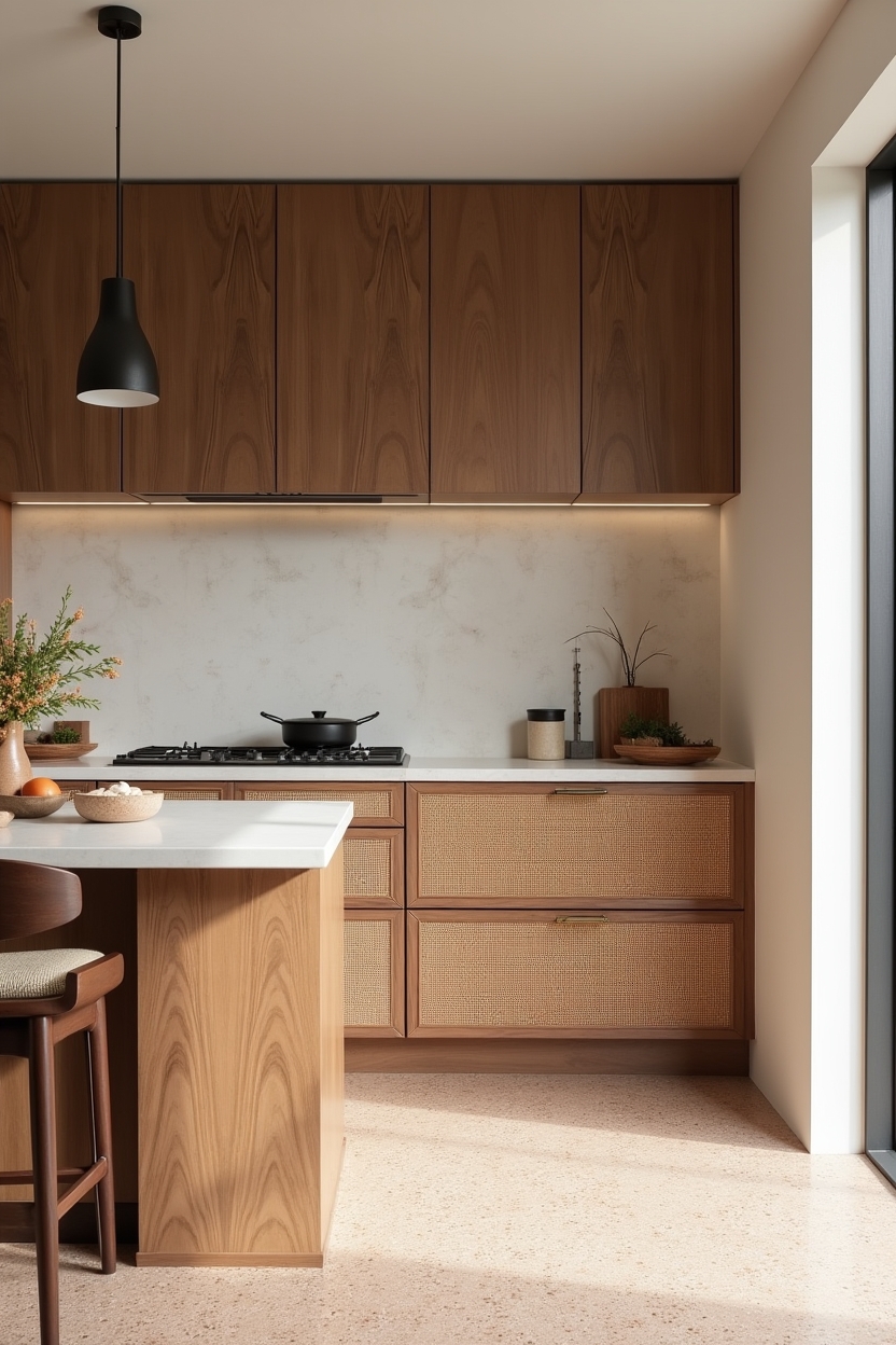 mixed-rattan lower cabinetry with leather strap pulls home decor