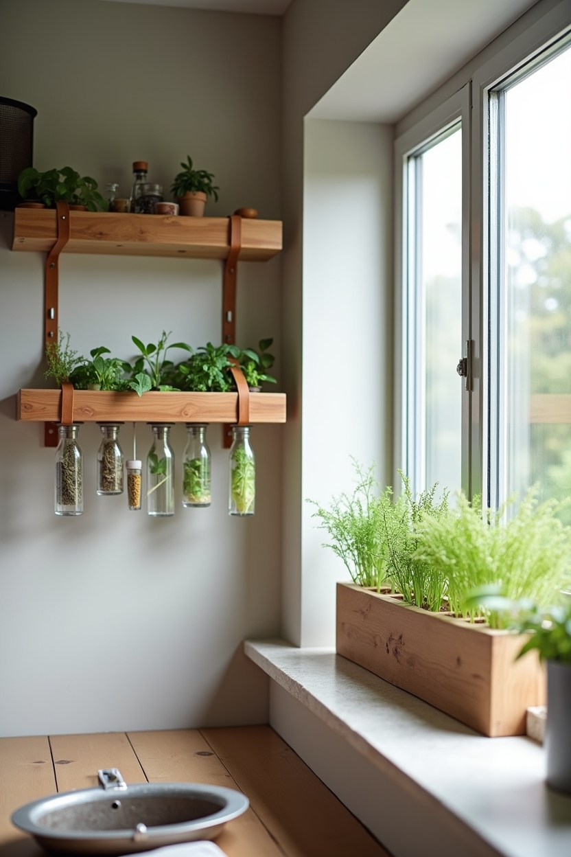 suspended cedar herb shelf with glass propagation tubes home decor