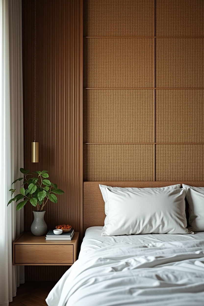 checkerboard woven rattan paneling and vertical corrugated faux-brass panels with concealed backlight home decor