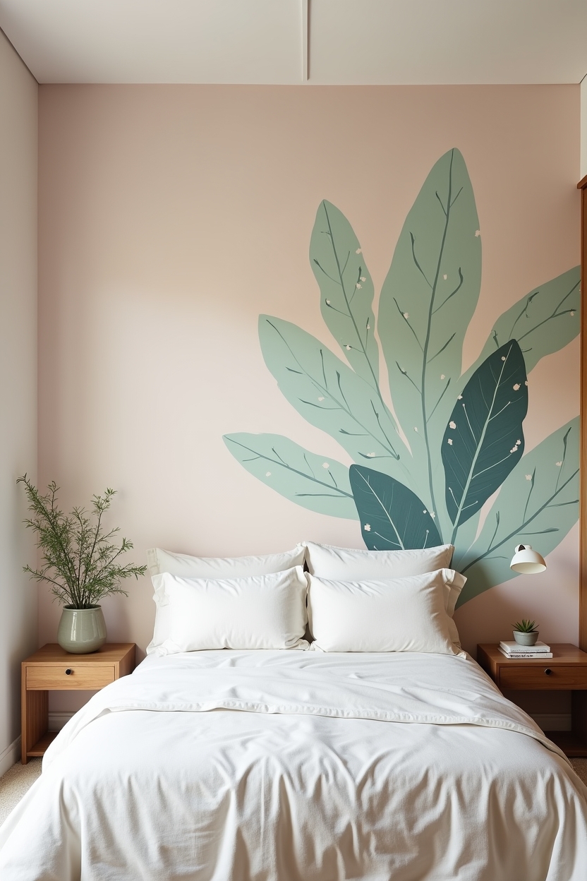 hand-applied pastel terrazzo lime plaster and oversized painted banana-leaf mural as a combined accent wall home decor