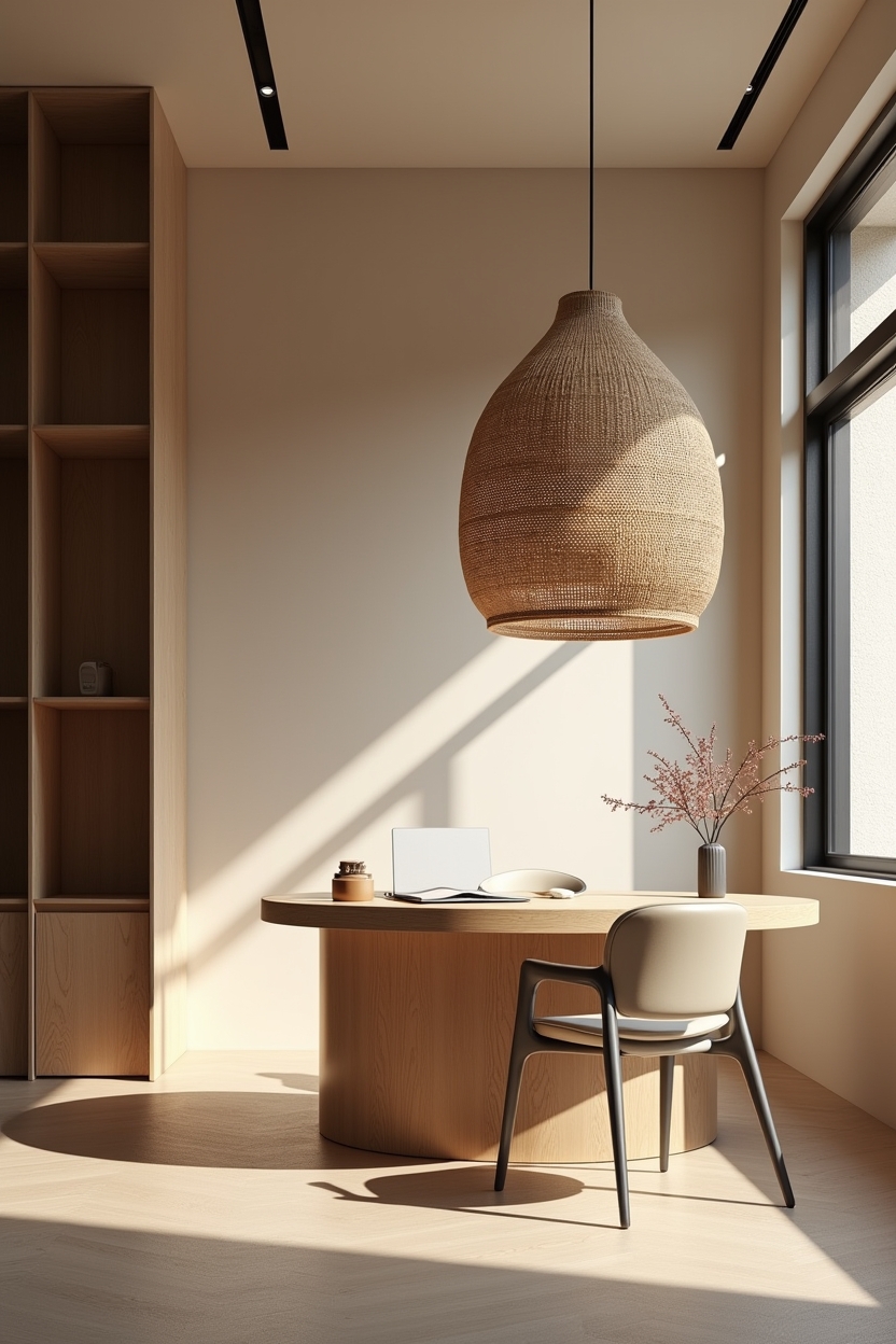 cane modern home office decor — handwoven sculptural cane pendant above rounded desk featuring oversized_cane_pendant