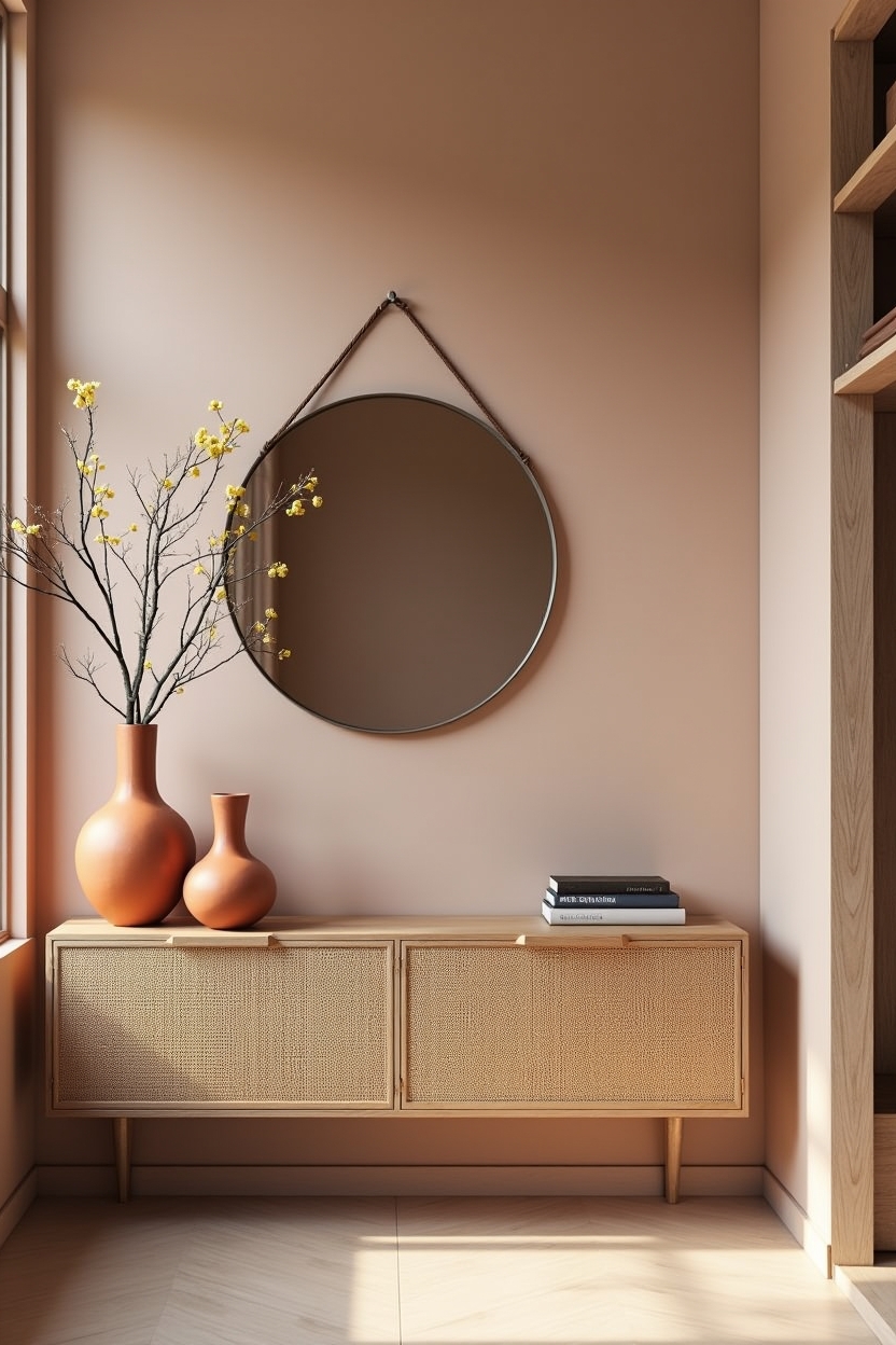 cane modern home office decor — low cane-front credenza topped with terracotta vases featuring low_cane_credenza_with_styling