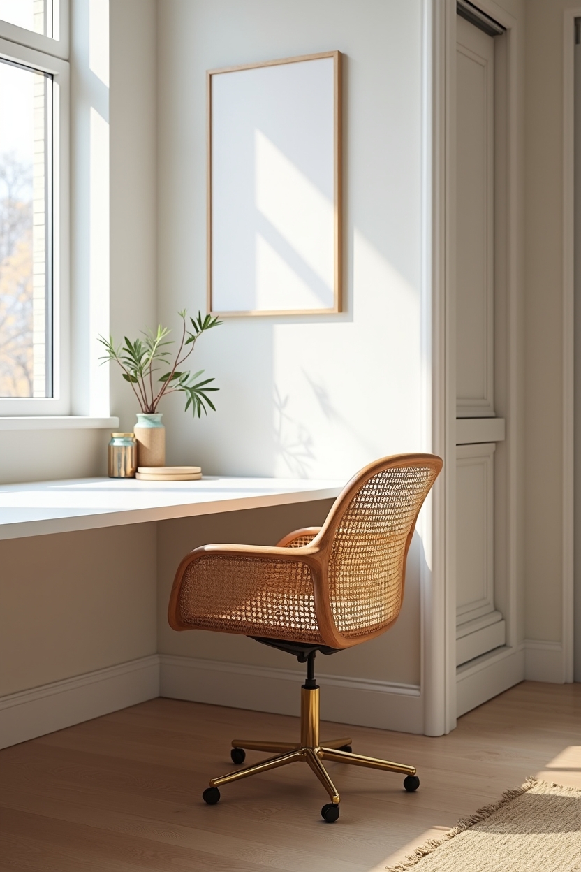 cane modern home office decor — cane-wrapped swivel chair with brass base featuring cane_swivel_chair