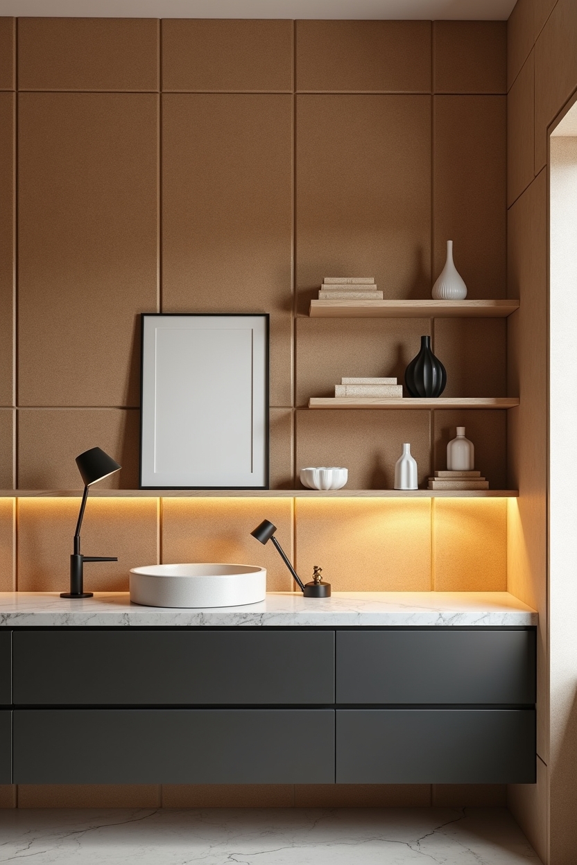 home office decor trends — large-format staggered cork wall panels featuring Cork feature wall with staggered panels