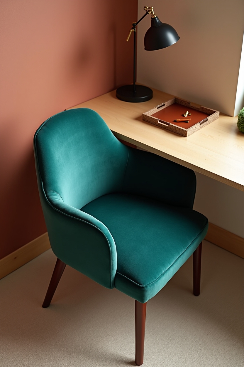 home office decor trends — low-armed velvet task chair (emerald/ruby/deep sapphire) featuring Jewel‑tone velvet task chair(s)