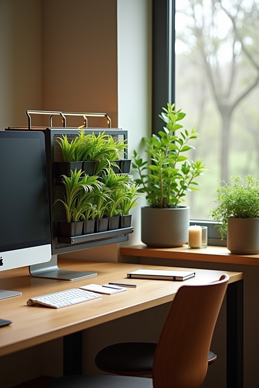 home office decor trends — compact modular planter grid mounted behind the monitor featuring Microgreen modular planter grid