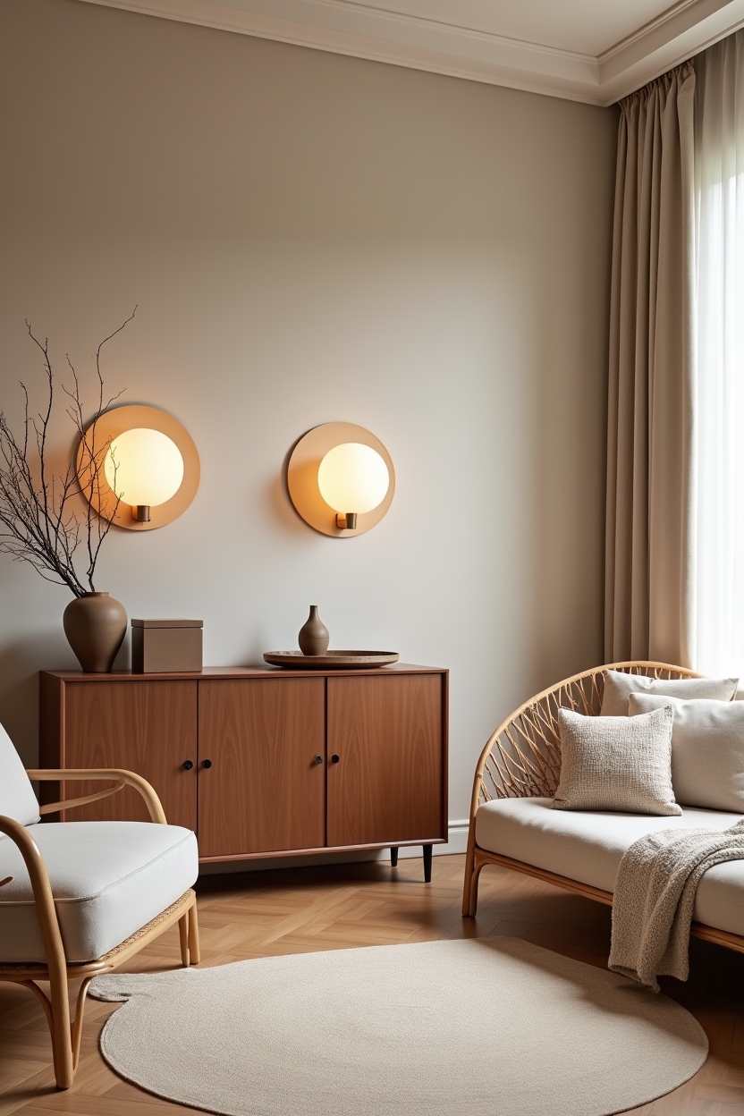 home office decor trends — twin circular blown-glass sconces featuring Blown-glass round wall sconces over storage