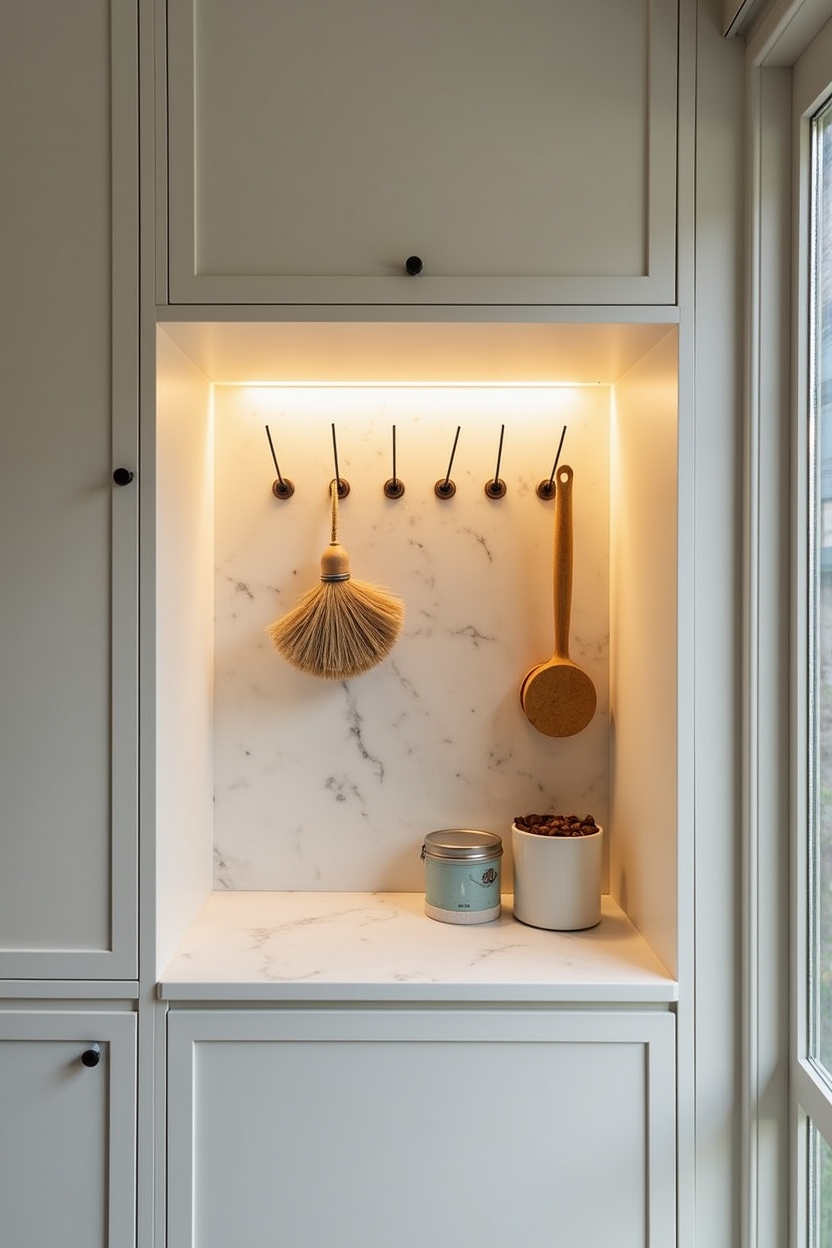 peaceful laundry room countertop ideas — marble niche with illuminated pegboard interior featuring compact marble slab niche with warm backlit pegboard