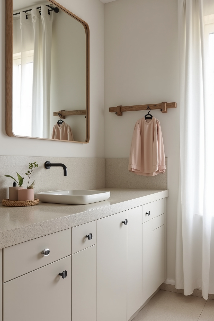 peaceful laundry room countertop ideas — terrazzo countertop edge with visible fleck pattern featuring large-format terrazzo slab countertop