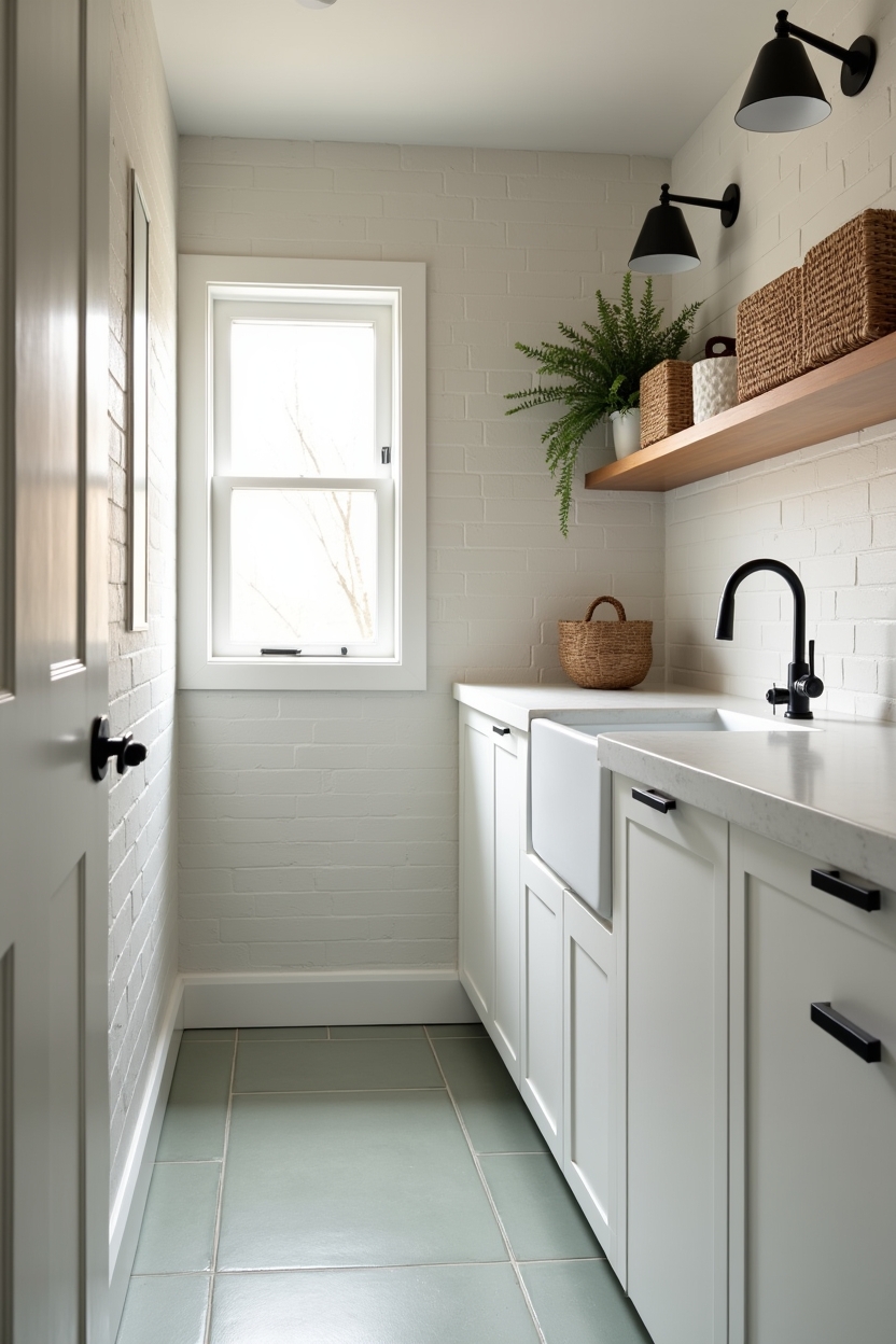 peaceful laundry room countertop ideas — marble-look quartz counter forecourt with visible vein featuring marble-look honed quartz slab and narrow hand-glazed sage tile runner