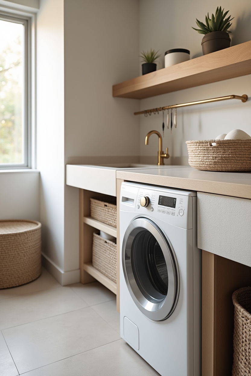 peaceful laundry room countertop ideas — microcement counter edge with visible texture featuring textured microcement countertop and floating end-grain butcher block extension