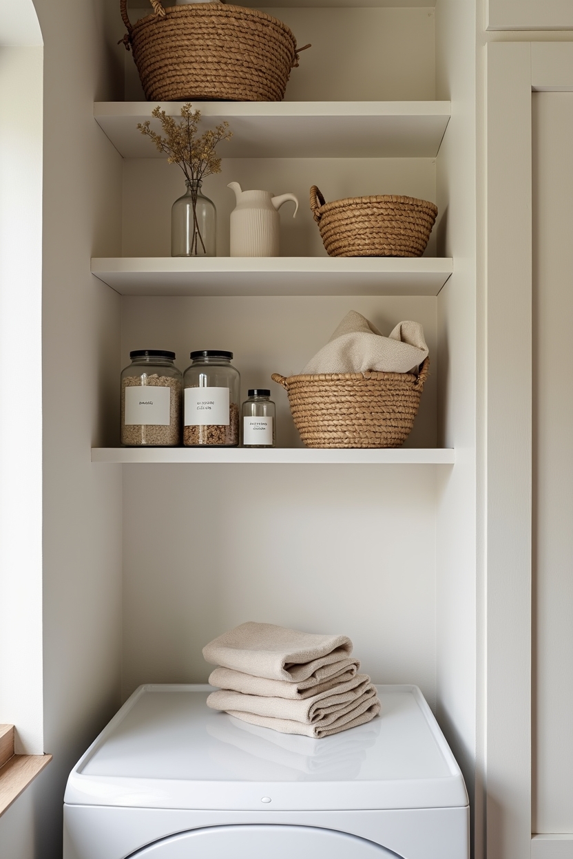 relaxing laundry room cabinet ideas — matching woven baskets on a floating shelf featuring wide_floating_shelf_with_shallow_face