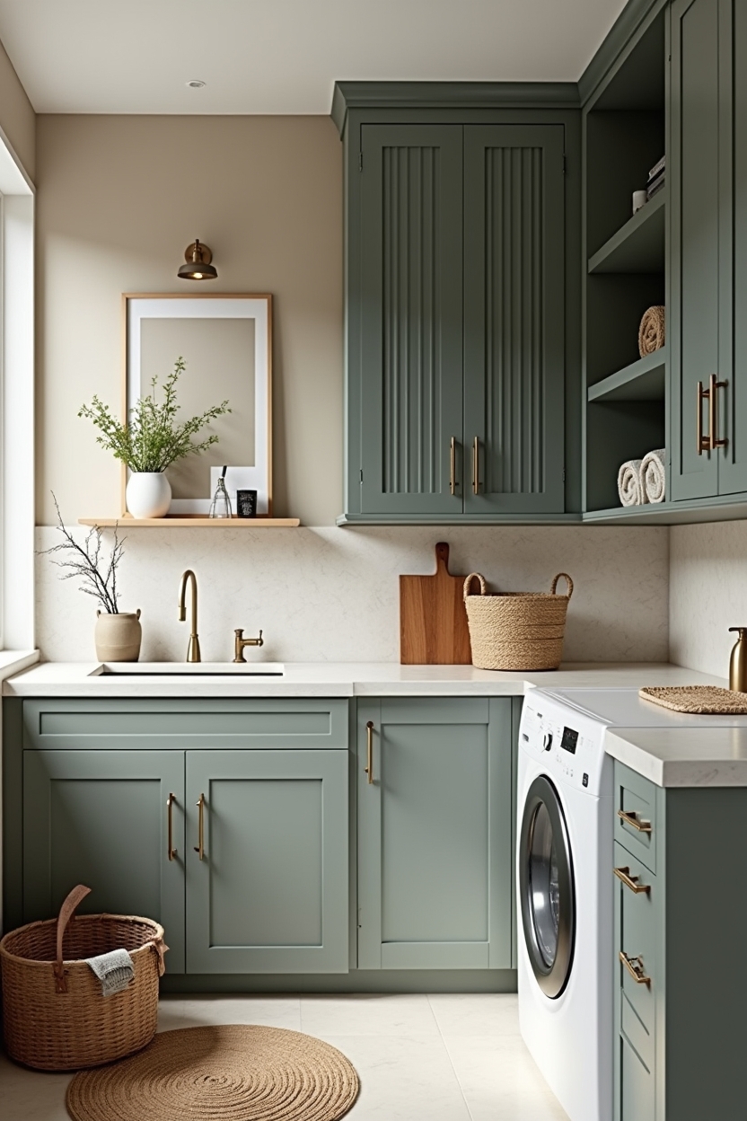 relaxing laundry room cabinet ideas — slim inset brass pulls featuring matte_sage_flat-front_cabinets
