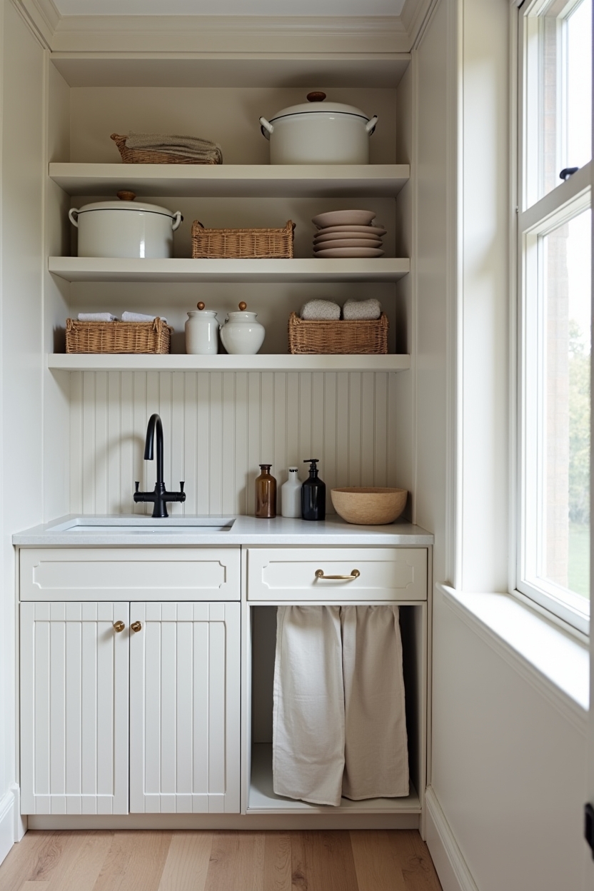 relaxing laundry room cabinet ideas — beadboard cabinet face with open shelving featuring beadboard-front_cabinets