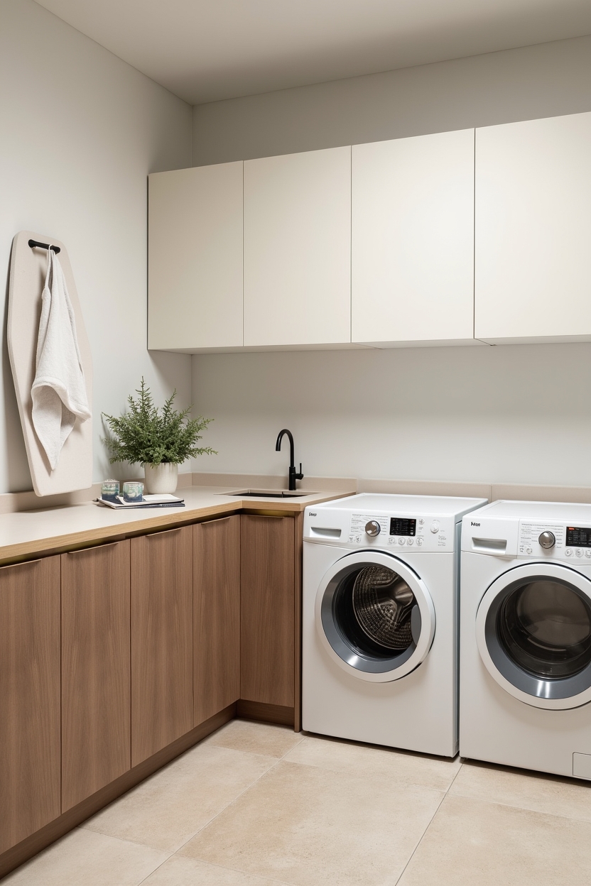 relaxing laundry room cabinet ideas — slim pull-out ironing board (stowed and pulled) featuring two-tone_cabinets_with_wood_lowers