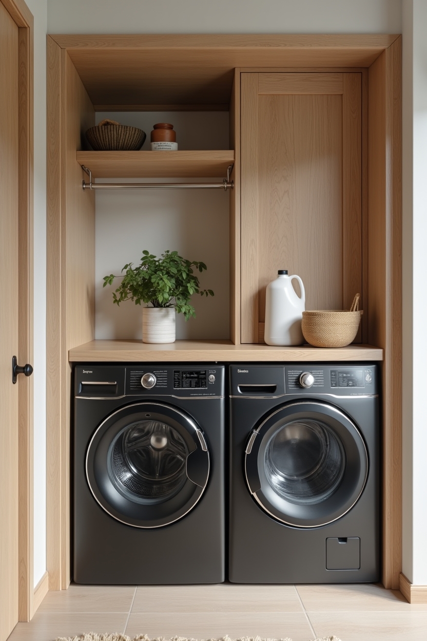 black and wood narrow laundry room ideas — stacked slim washer and dryer framed with matte black metal casing and oak trim featuring built-in_stacked_appliance_niche_with_oak_trim