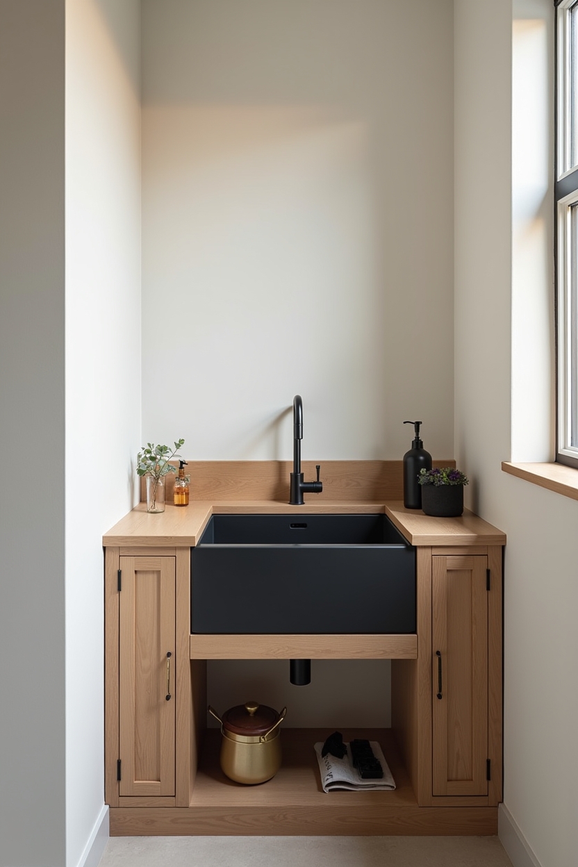 black and wood narrow laundry room ideas — deep matte-black utility sink set into reclaimed wood wash station featuring matte_black_utility_sink_in_reclaimed_wood_station