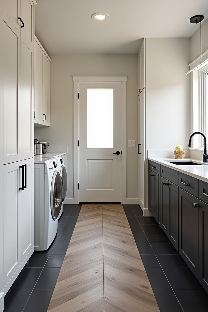 black and wood narrow laundry room ideas — black porcelain tile runner alternating with narrow oak-look planks featuring checkerboard_black_and_oak_tile_runner
