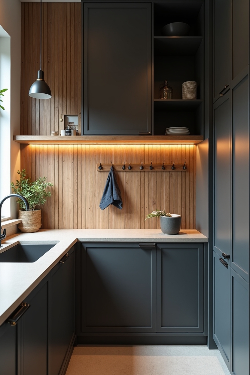 black and wood narrow laundry room ideas — wide oak slatted shelf featuring oak_vertical_slatted_wall