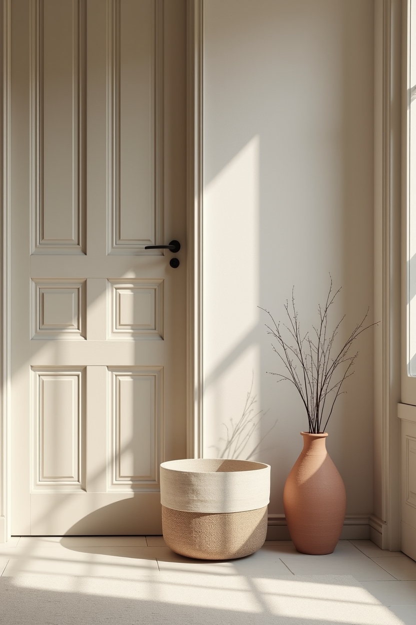 linen narrow entryway ideas — matte clay umbrella paired with linen-wrapped basket featuring monochrome_capsule_vignette