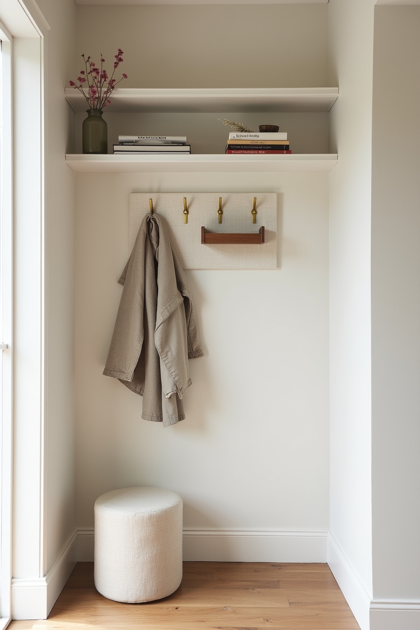 linen narrow entryway ideas — shallow linen-faced pegboard with brass pegs featuring linen_faced_pegboard_drop_zone