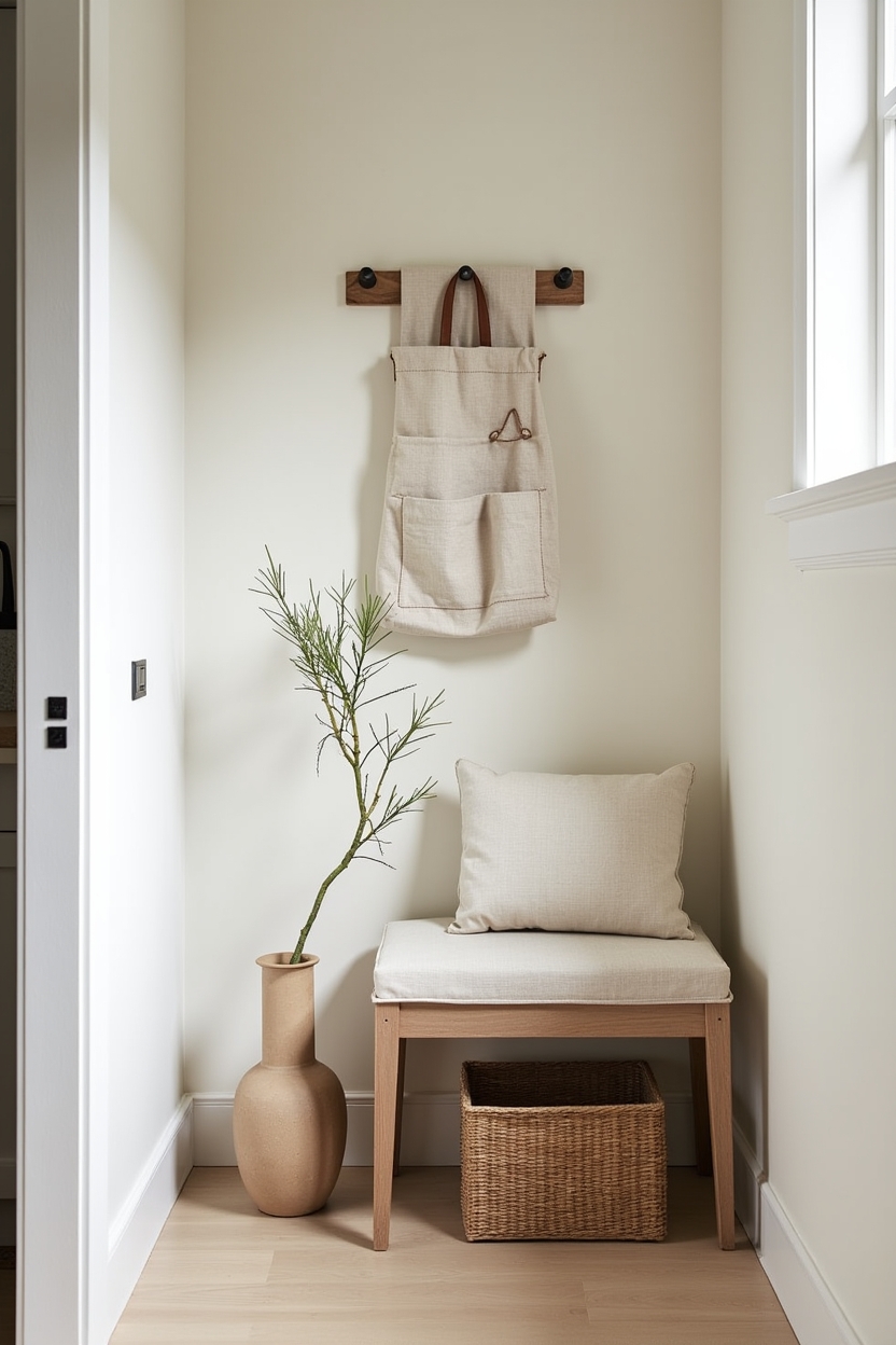 linen narrow entryway ideas — slim linen bench with leather strap handles featuring linen_upholstered_slim_bench