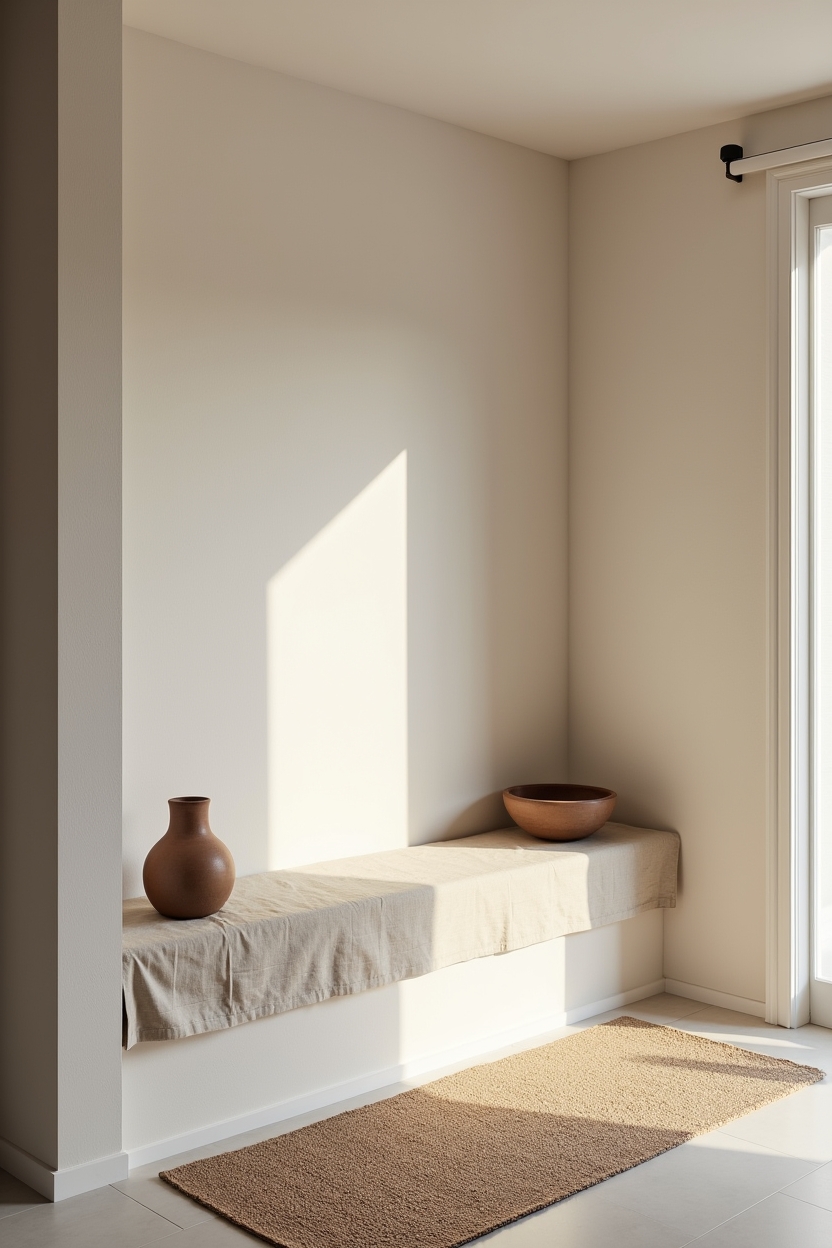 linen narrow entryway ideas — narrow floating linen-wrapped shelf with two ceramics featuring floating_linen_wrapped_shelf