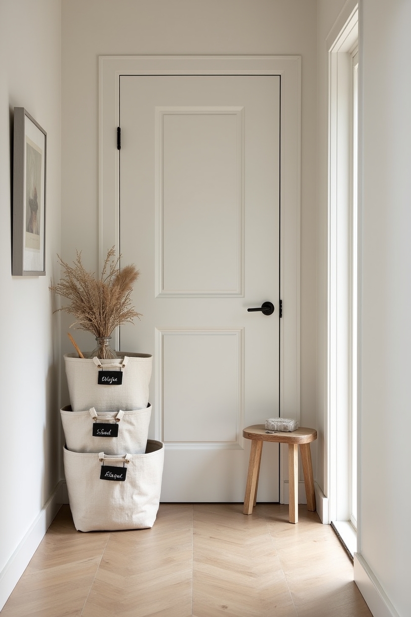 plaster white cozy entryway decor — linen-wrapped storage baskets with chalkboard tags featuring linen_wrapped_basket_gallery