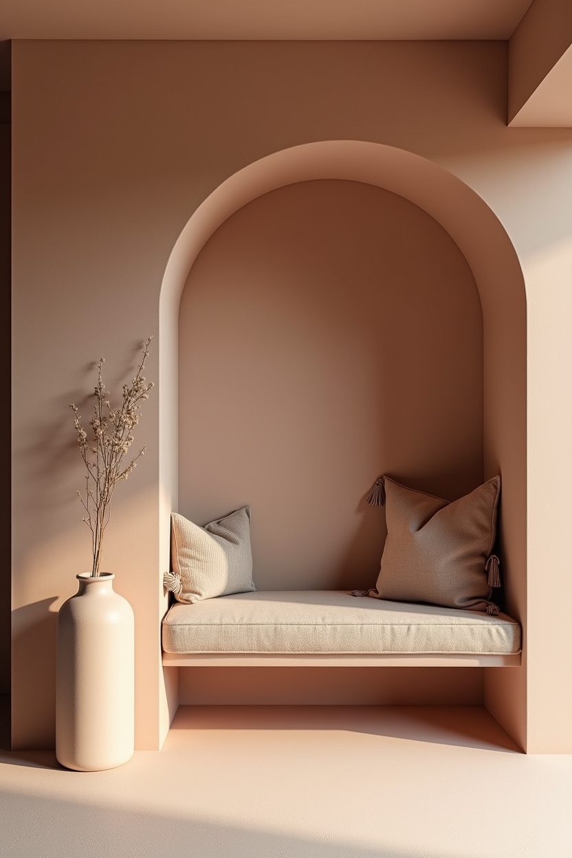 plaster white cozy entryway decor — built-in plaster bench with boucle cushion featuring arched_built-in_bench_niche