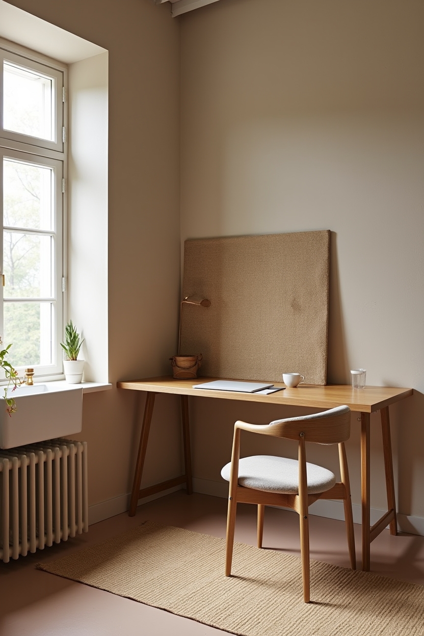 warm minimalist office layout ideas — slim oak desk with wool back panel featuring material_accent