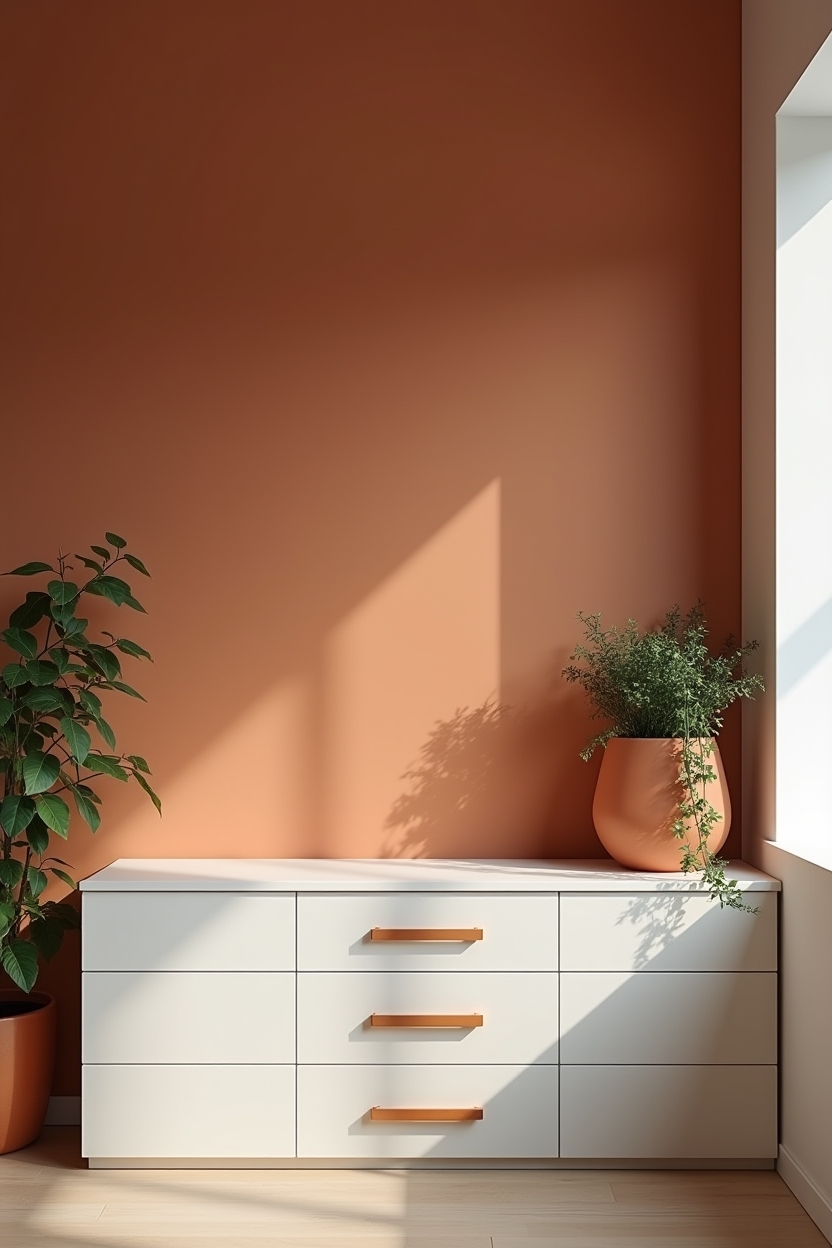 warm minimalist office layout ideas — low-profile credenza with leather strap pulls featuring color_palette
