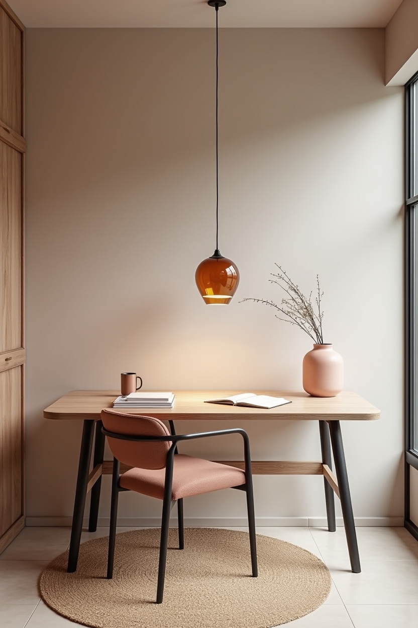 warm minimalist office layout ideas — rounded-edge standing desk featuring lighting_trend