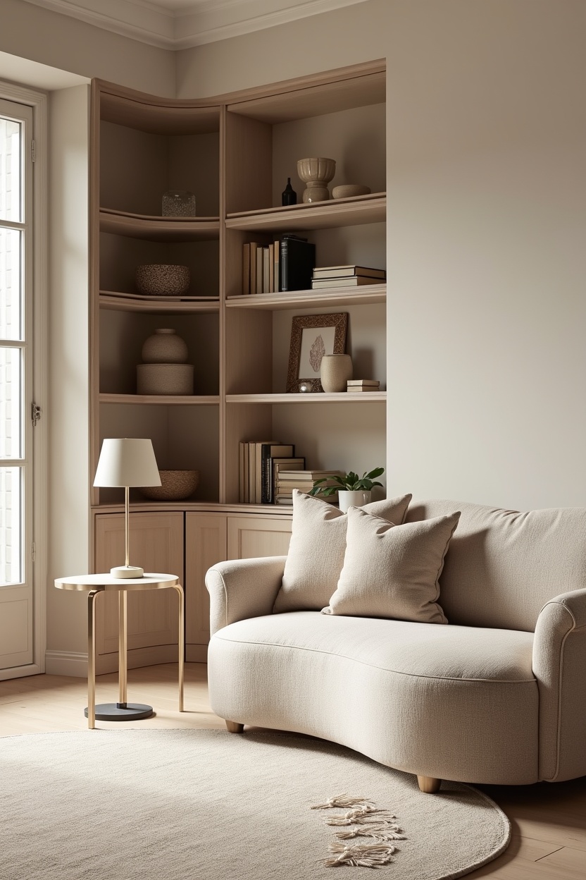 mini-mod curved matte boucle sofa pulled off the wall home decor