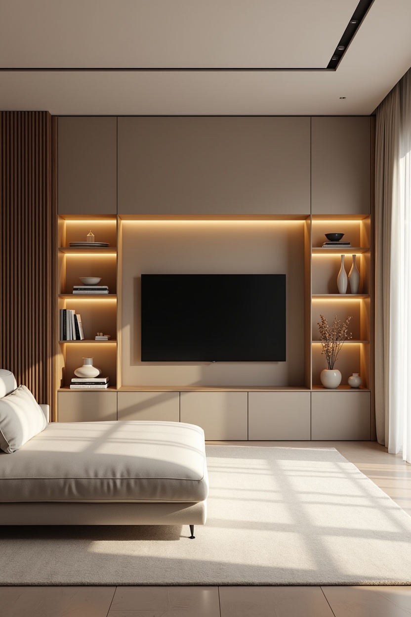 micro-media wall with integrated shallow niches and concealed warm LED strips home decor