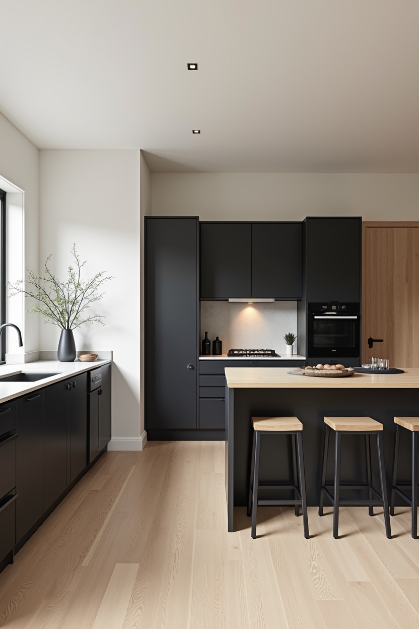cantilevered matte-black peninsula with floating oak breakfast ledge home decor