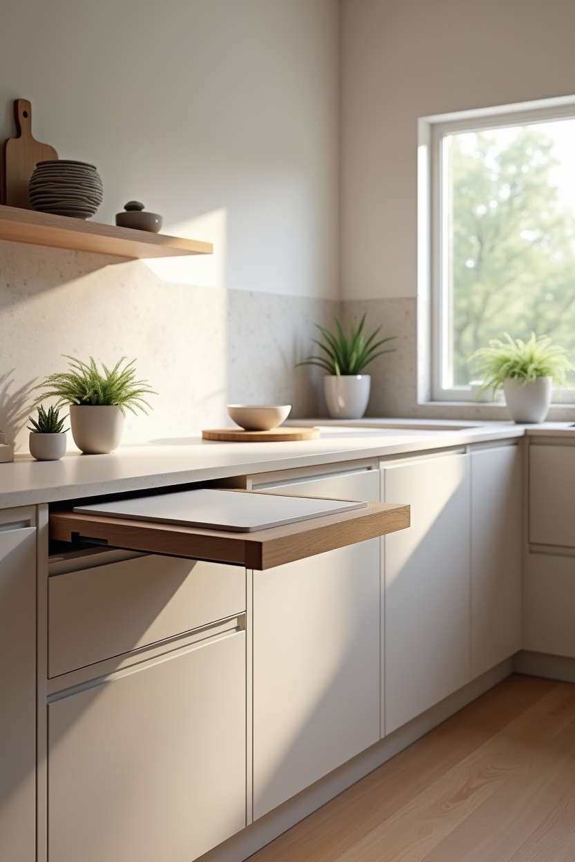 retractable waterfall pull-out prep shelf that matches main countertop home decor