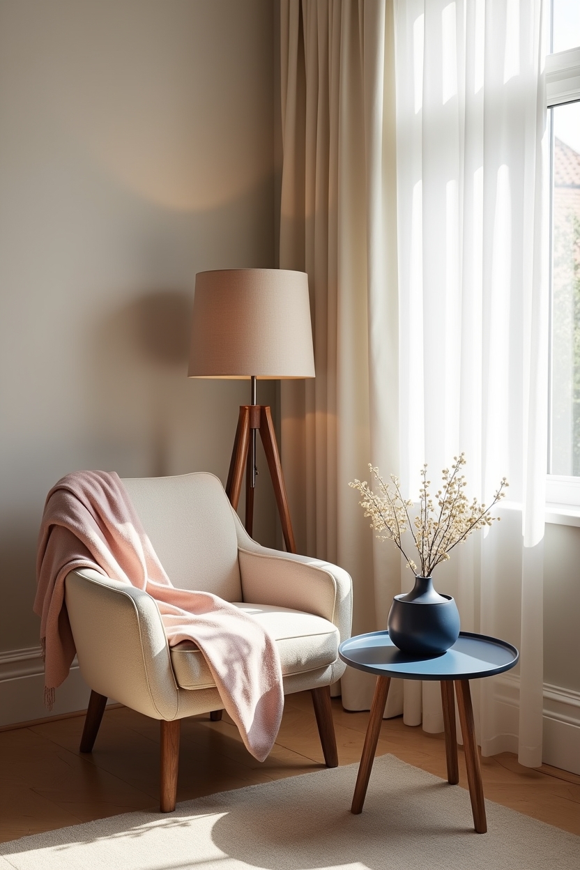 bouclé nest styling with walnut tripod lamp home decor
