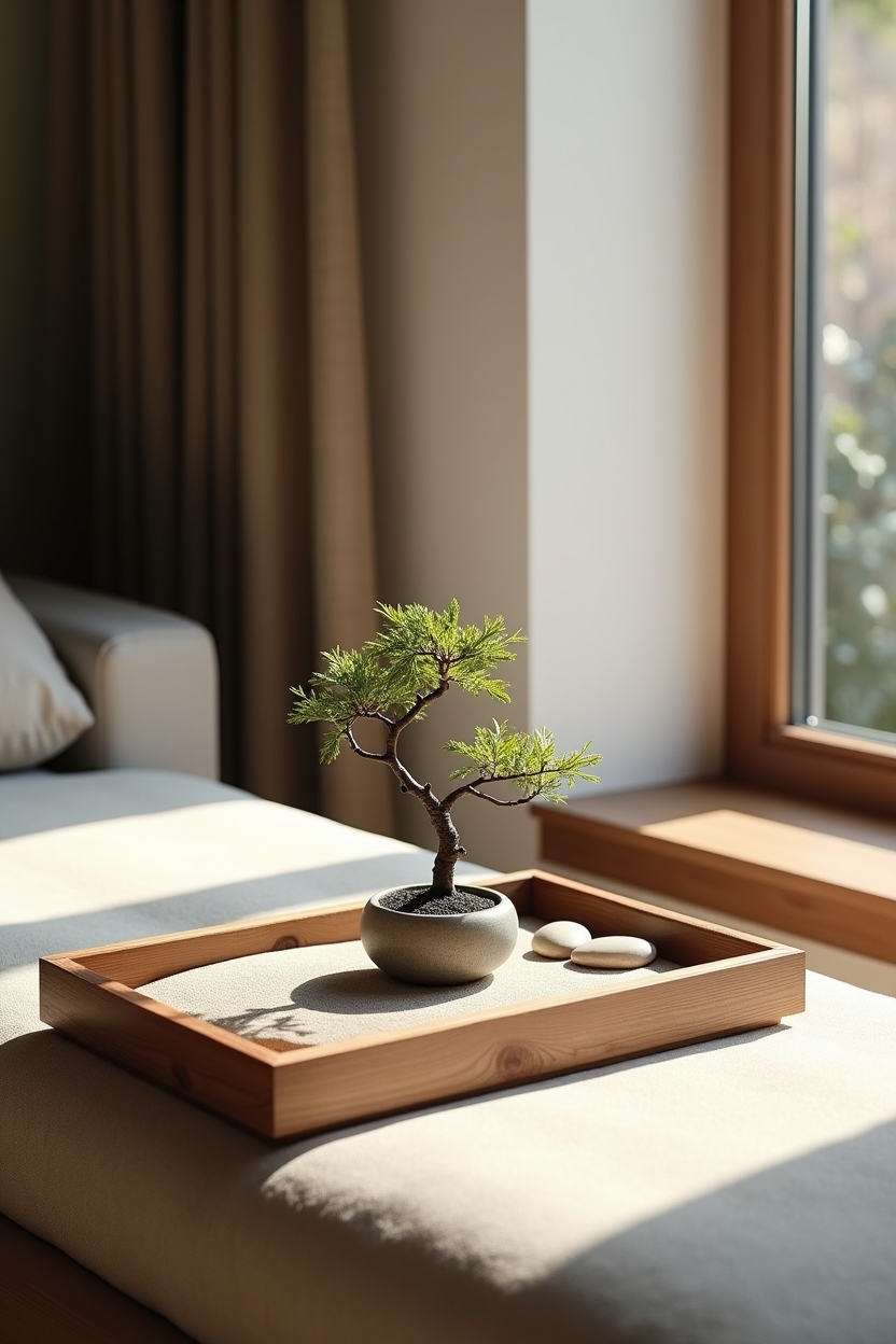 mini indoor zen tray with bonsai and raked sand home decor