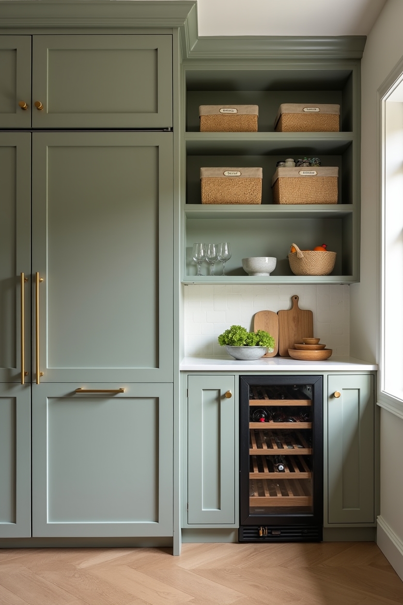 muted green luxury pantry ideas — panel-ready refrigerator with matte muted green panels featuring panel-ready integrated appliances