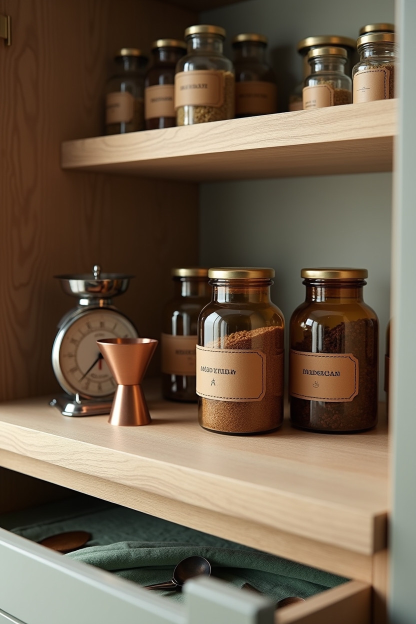 muted green luxury pantry ideas — amber and clear apothecary jars with hand-stamped leather tags featuring apothecary jars with leather-stamped labels