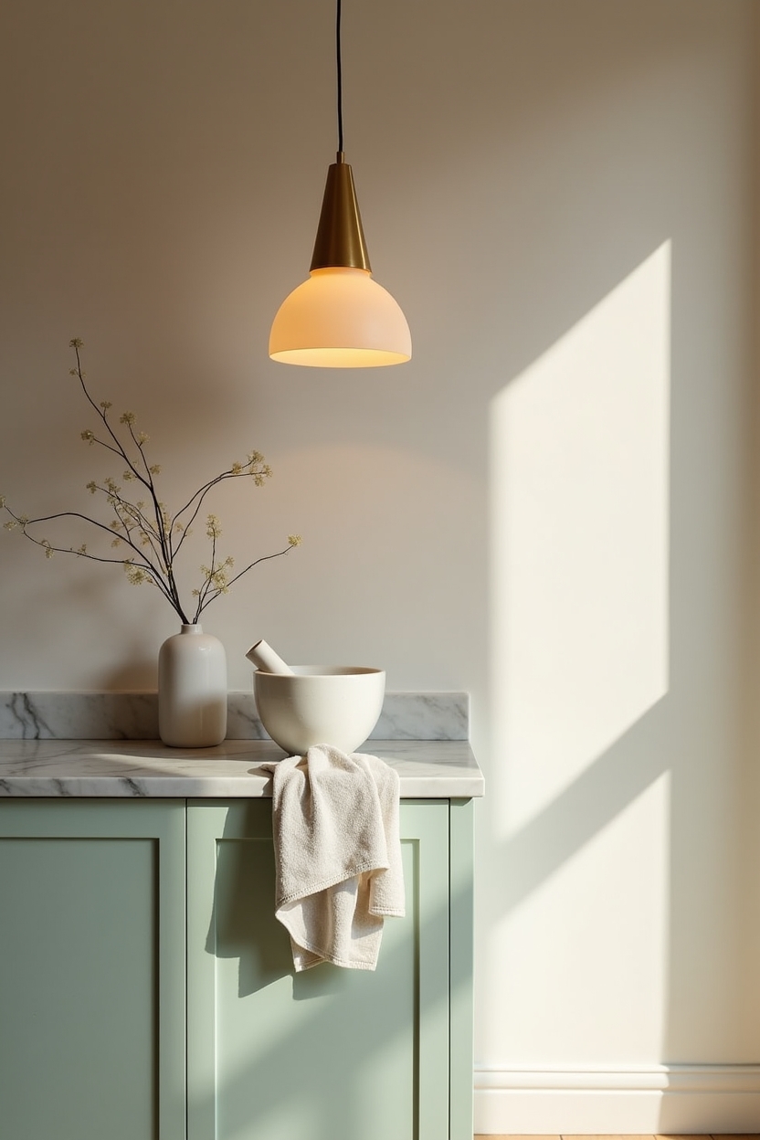 muted green luxury pantry ideas — oversized frosted-glass pendant suspended in warm brass featuring sculptural frosted-glass pendant lighting
