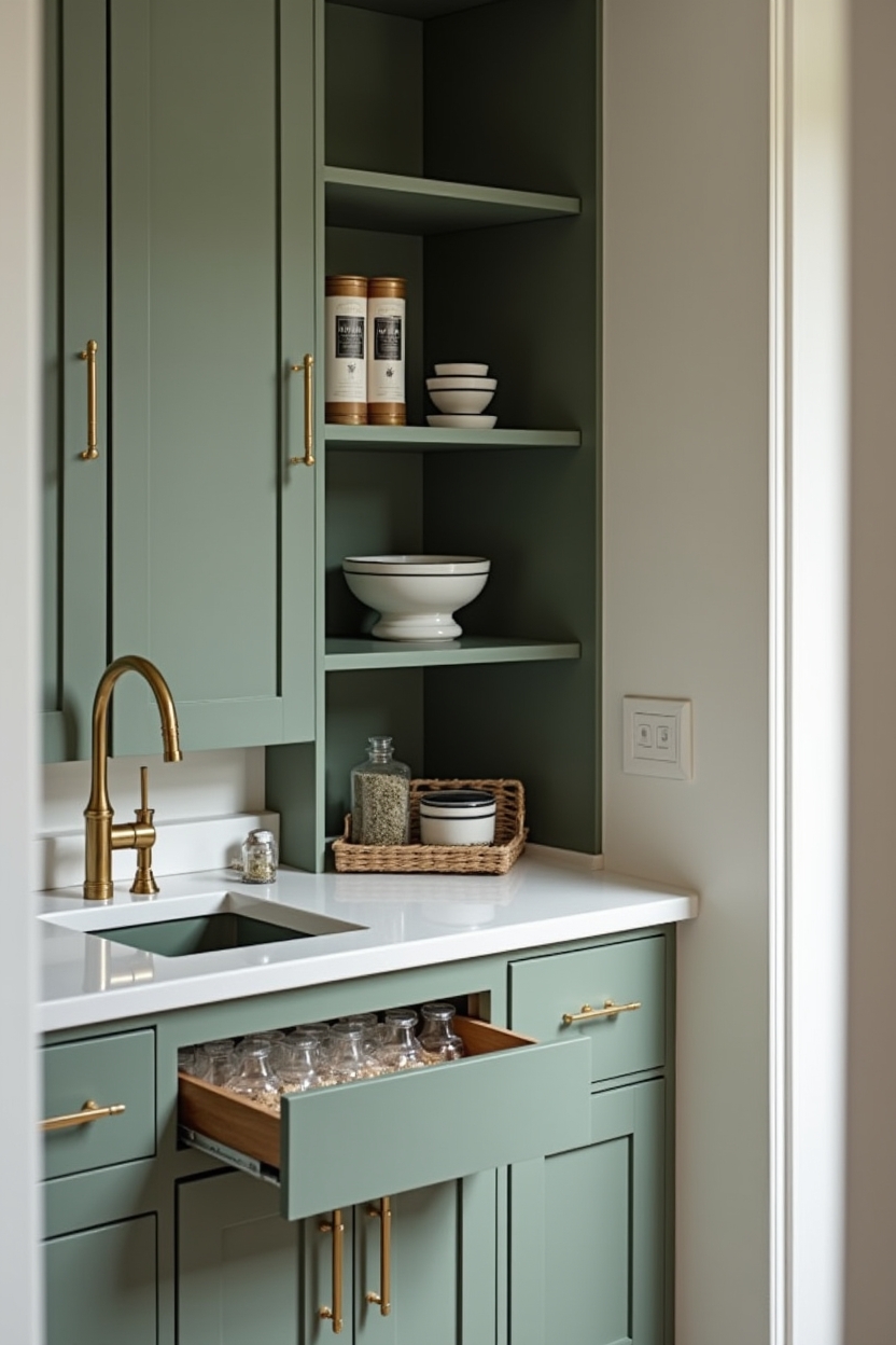 muted green luxury pantry ideas — floor-to-ceiling muted green lacquer cabinets with slim brass rail featuring lacquered cabinetry with brass rail