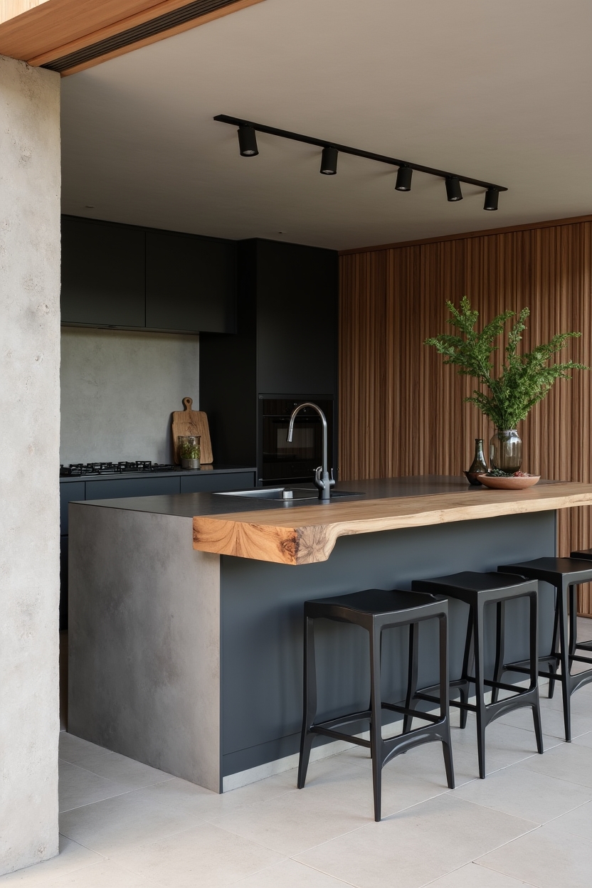 charcoal_concrete_island_with_live-edge_teak_bar home decor