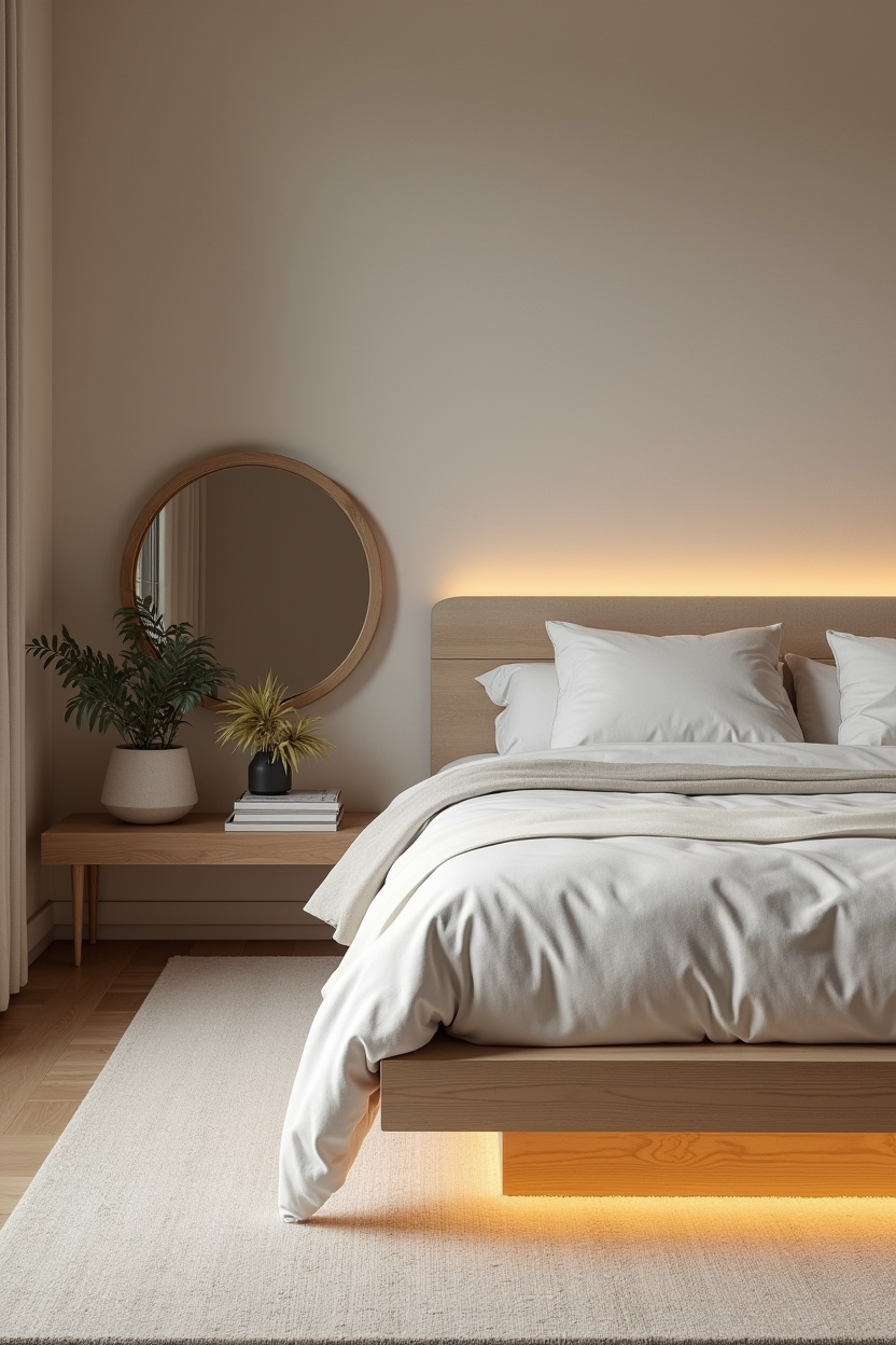 low maple platform bed with recessed warm LED bias lighting home decor
