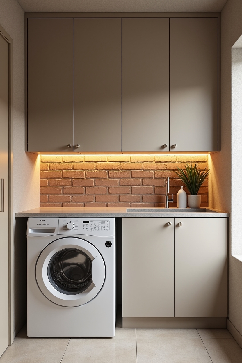 brick laundry room folding station ideas — fold-down laminate panel featuring curved brick niche