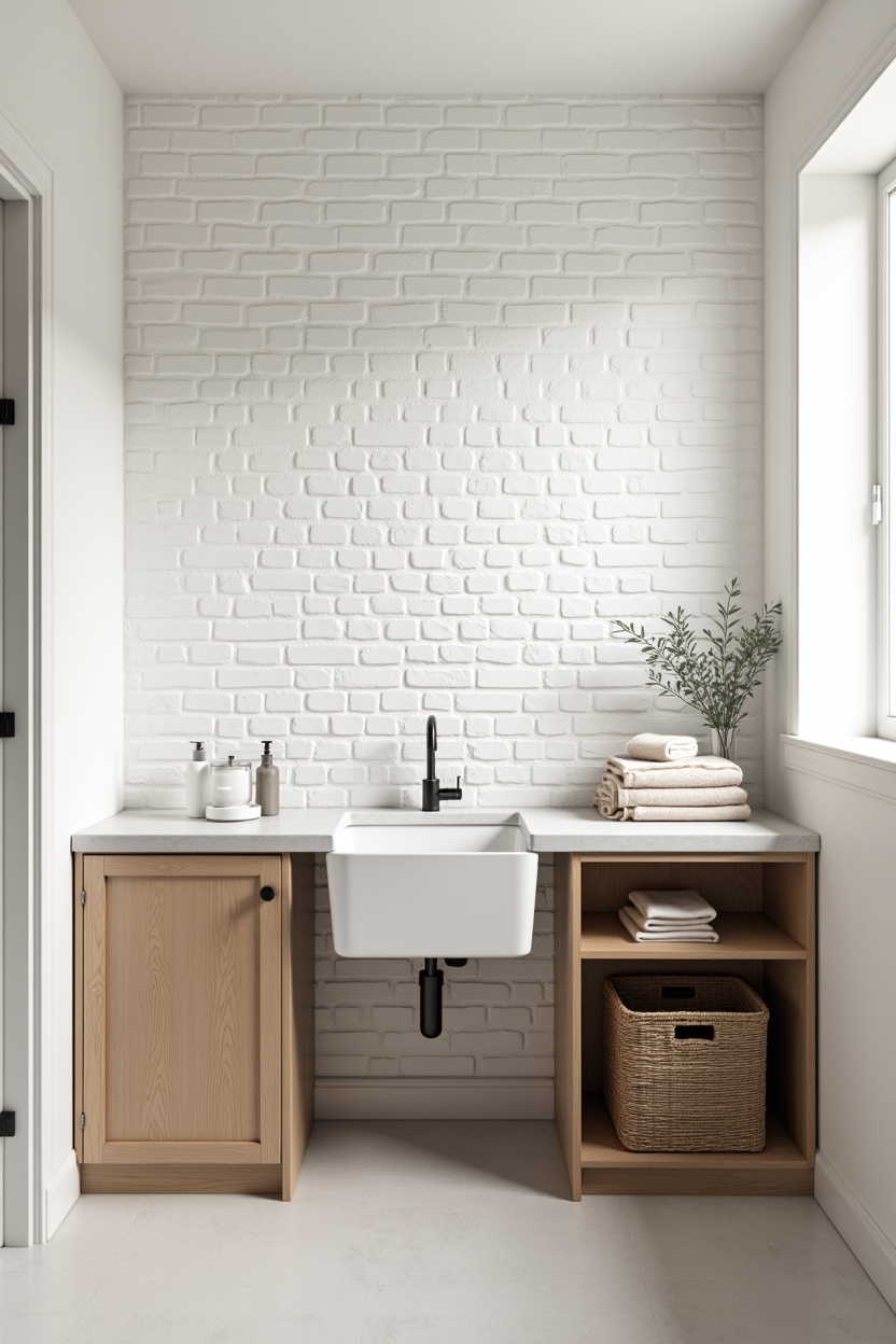 brick laundry room folding station ideas — floating cantilevered oak counter featuring painted brick wall