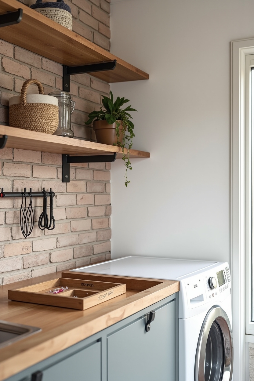 brick laundry room folding station ideas — butcher-block counter featuring reclaimed brick backboard
